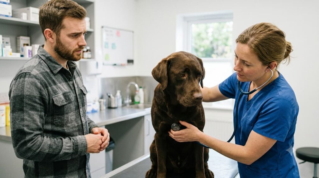 veterinarian checking coughing dog
