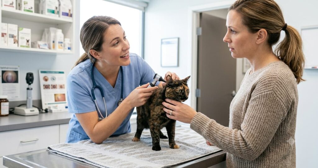 veterinarian examining vocal cat