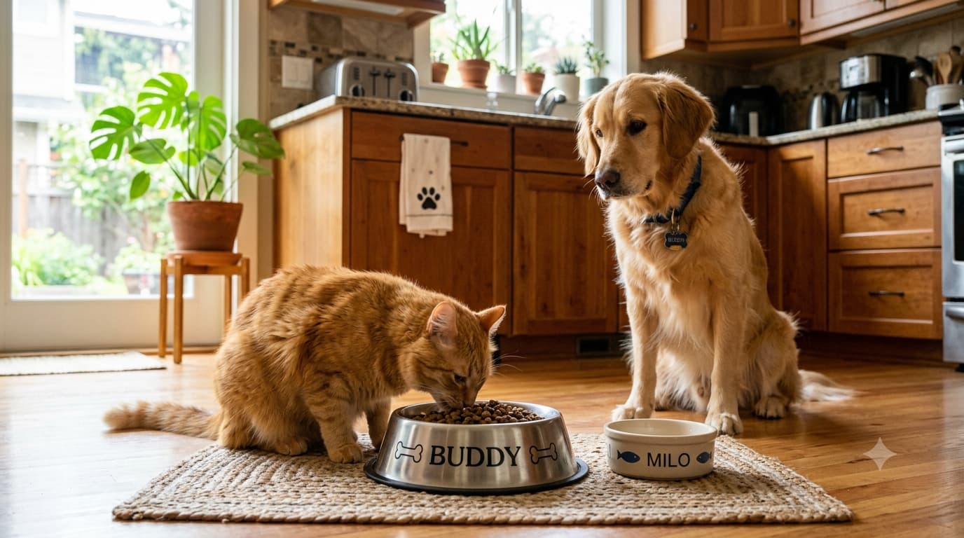 can cats eat dog food cat eating from dog food bowl