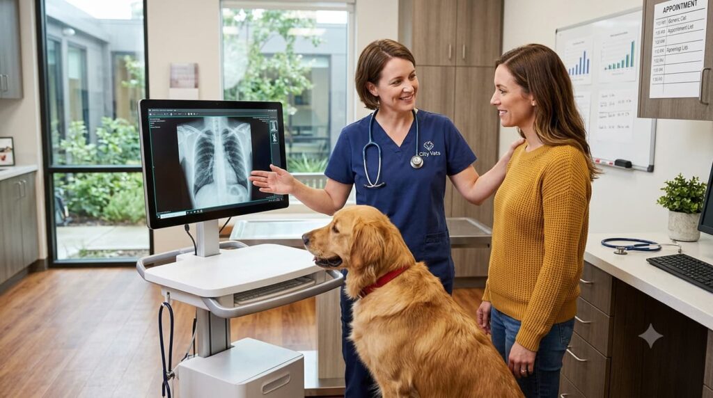 dog coughing veterinary examination