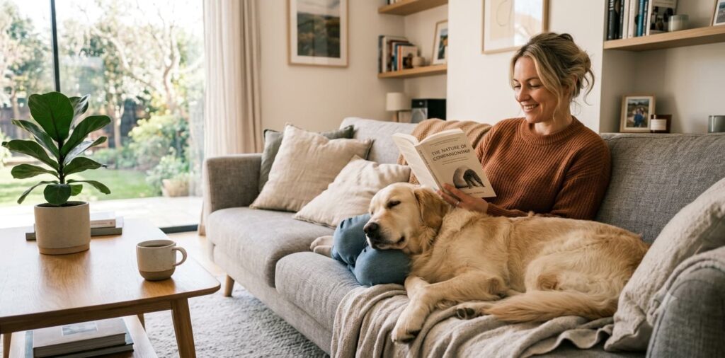 dog staying close to owner at home