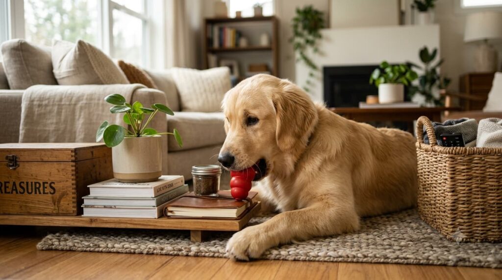 Curious dog exploring objects, showing why is my dog chewing everything.