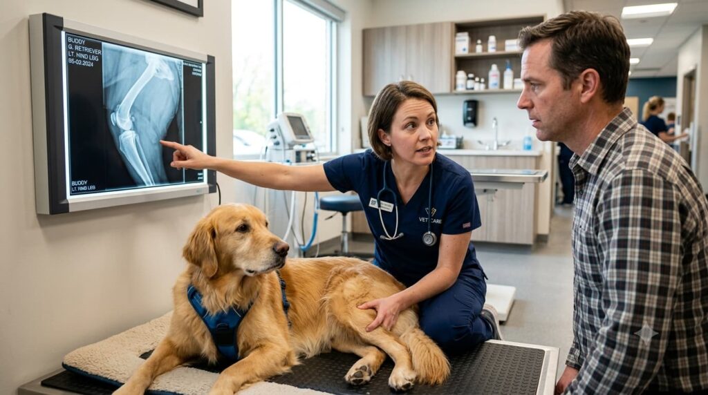 veterinarian examining a limping dog