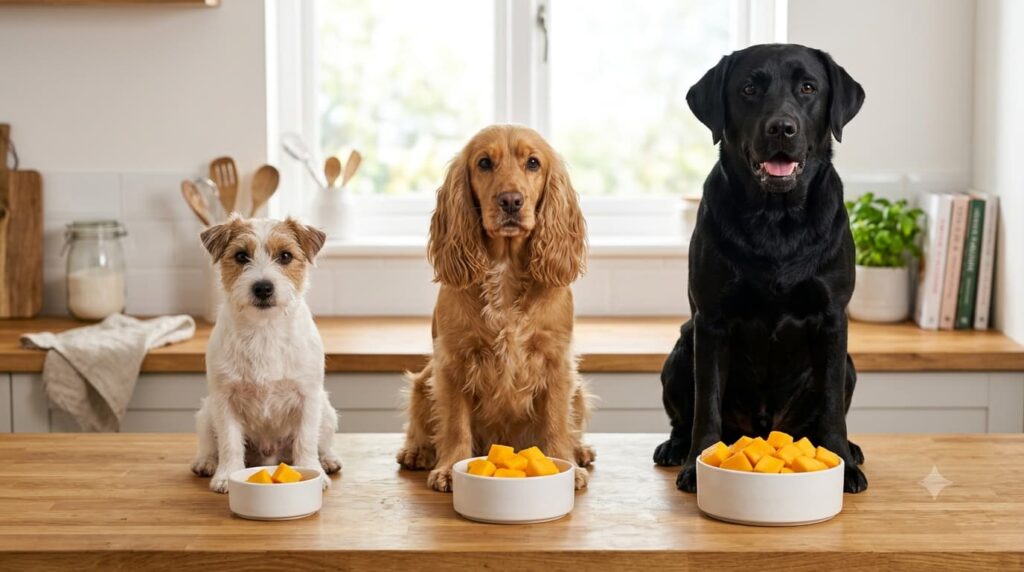 Recommended mango serving size for small, medium, and large dogs.
