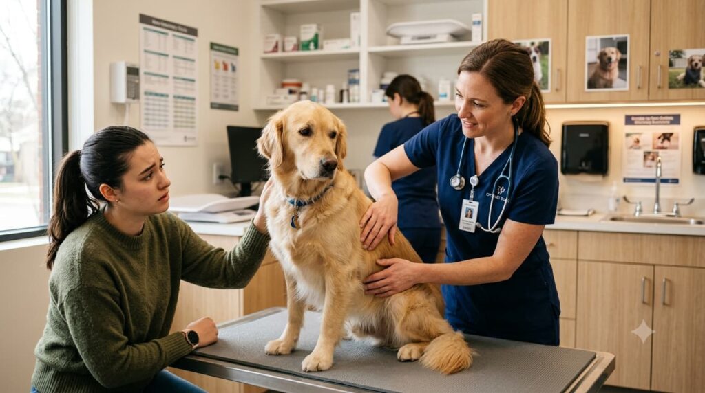 Veterinarian checking a dog that keeps whining
