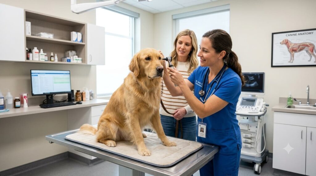 veterinarian examining dog vomiting yellow
