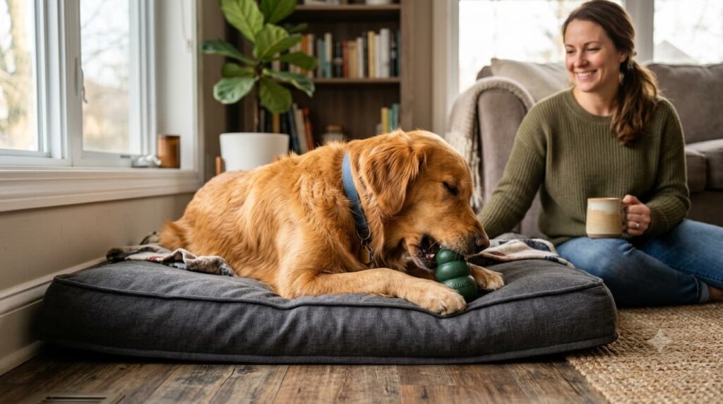 Dog chewing a safe toy after exercise, explaining why is my dog chewing everything.