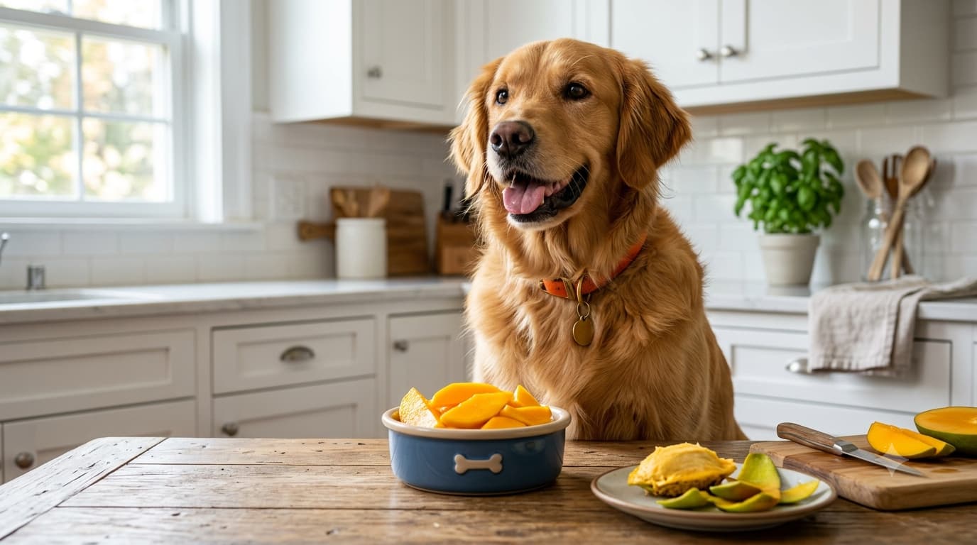 Can dogs eat mango? A Golden Retriever enjoying fresh peeled mango pieces safely.