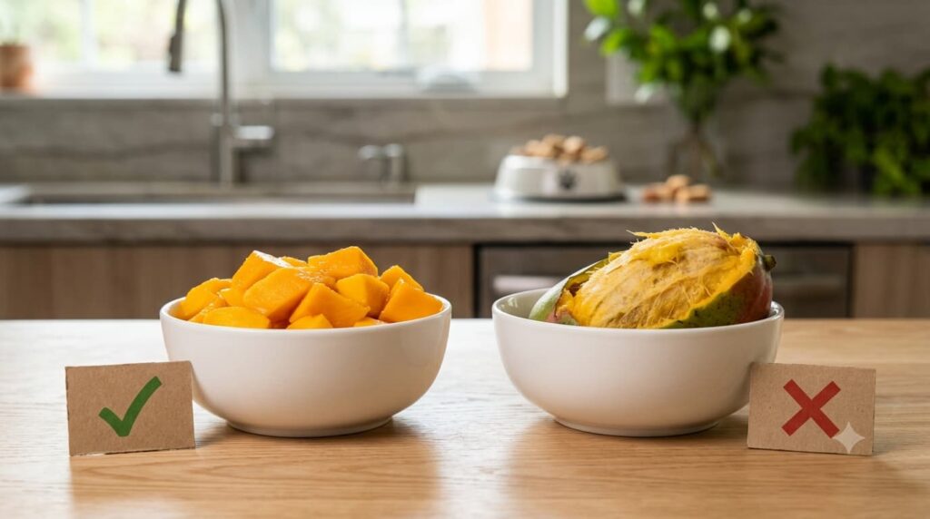 Safe mango flesh and unsafe mango pit for dogs.
