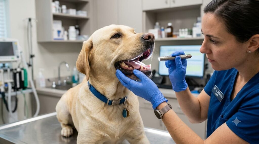 Veterinarian checking a dog's mouth to find the cause of excessive drooling