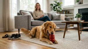 Why is my dog chewing everything? A Golden Retriever chewing a safe dog toy instead of household furniture.