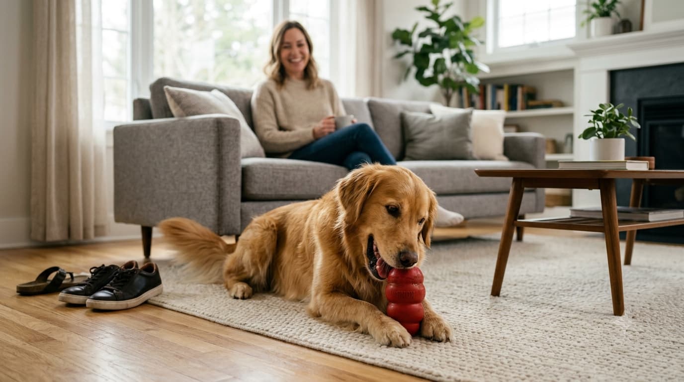Why is my dog chewing everything? A Golden Retriever chewing a safe dog toy instead of household furniture.