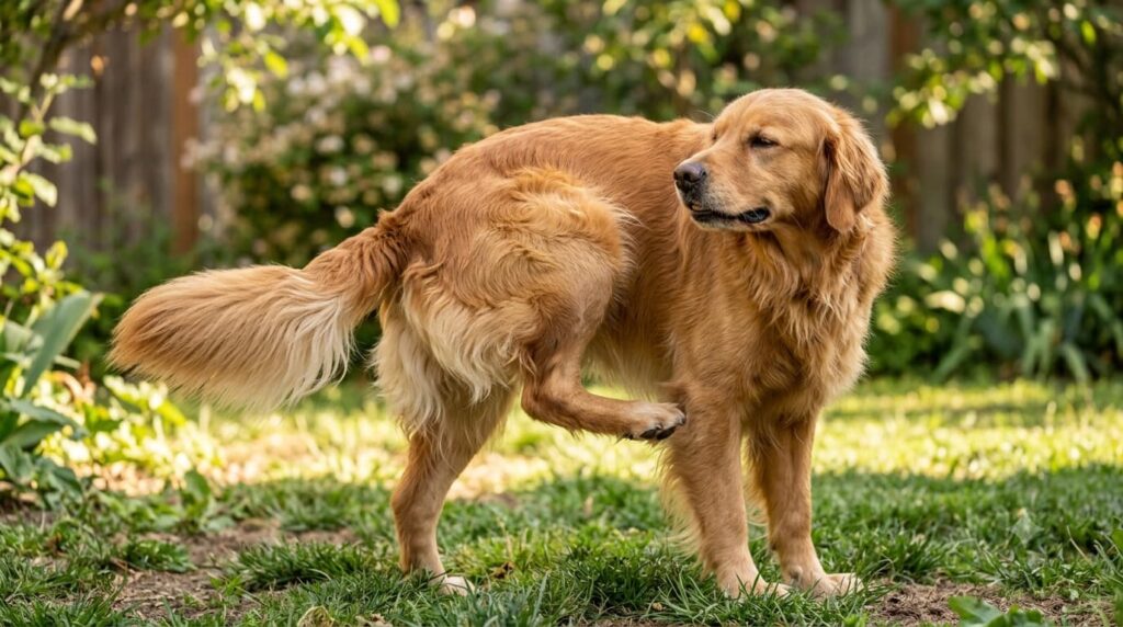 Dog scratching near its tail because of fleas and skin irritation