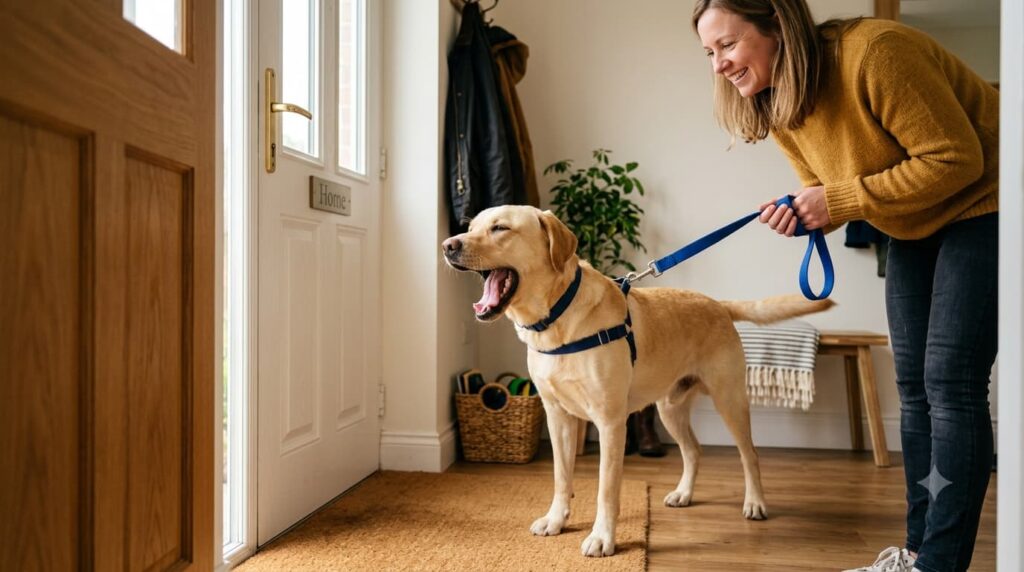 Dog yawning because of excitement before going for a walk