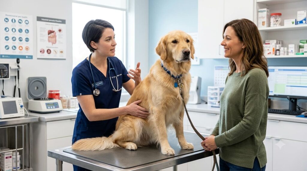 Veterinarian checking a dog for intestinal parasites causing scooting