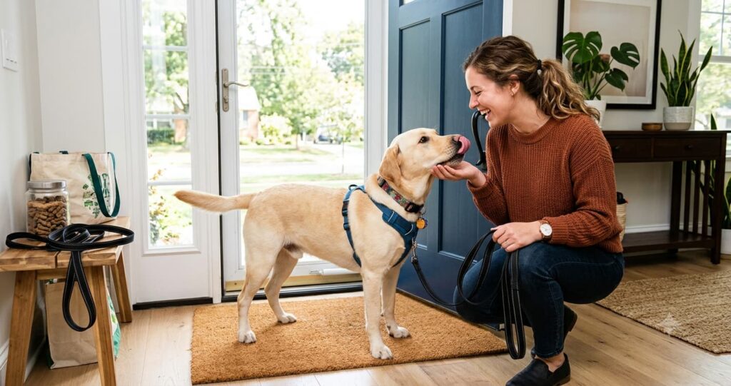 dog licking owner before walk
