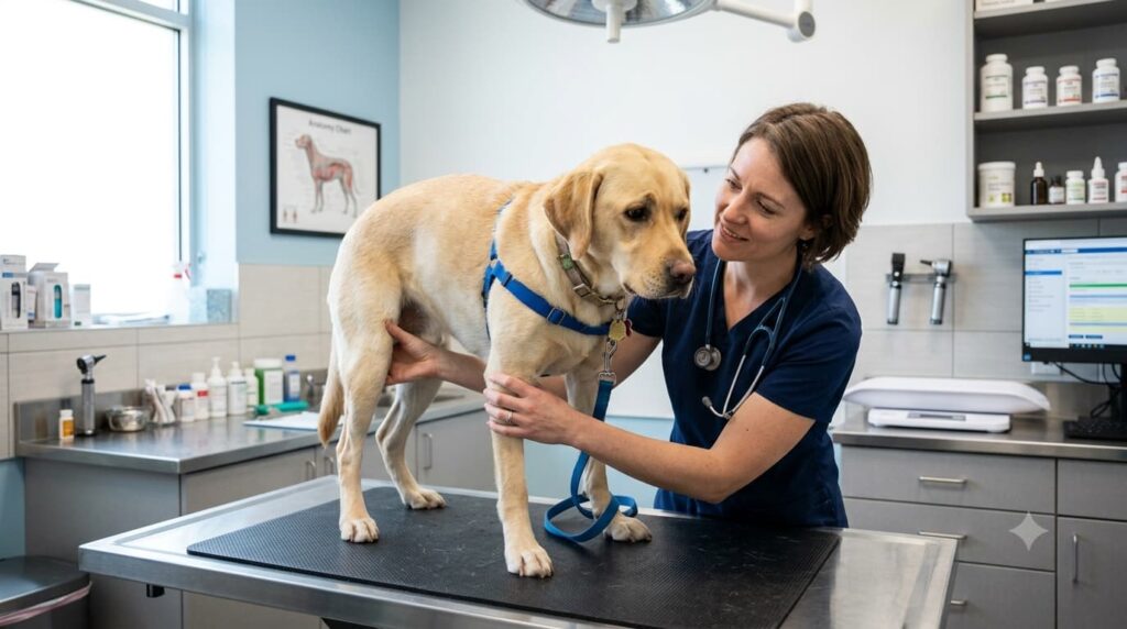 Veterinarian checking a dog experiencing frequent yawning