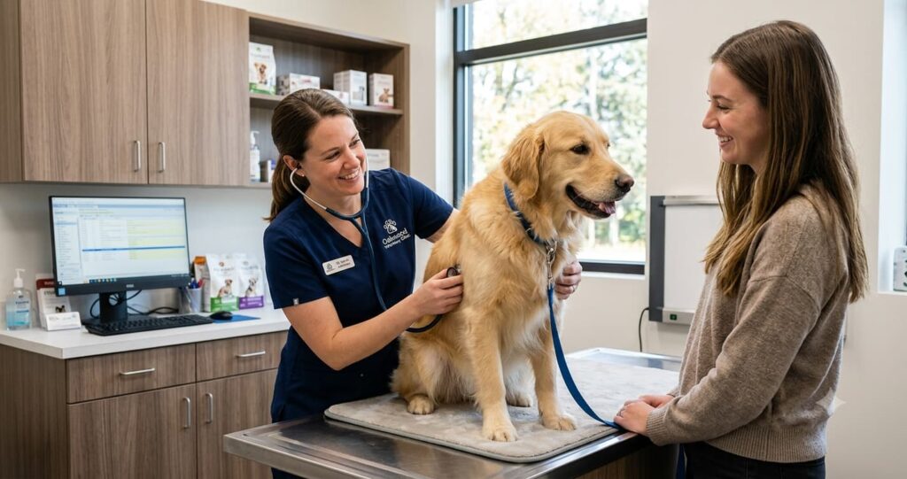 veterinarian examining dog that licks excessively