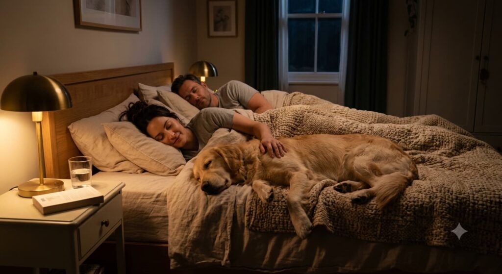 Dog sleeping beside its owner at night, illustrating why does my dog sleep on me instead of my husband.