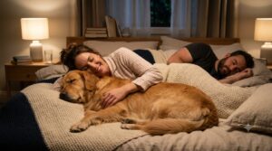 Why does my dog sleep on me instead of my husband? A Golden Retriever sleeping peacefully on its owner in bed at night.