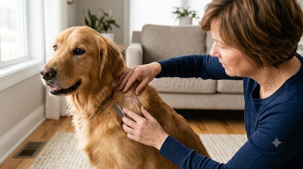 Dog being checked for fleas that may cause hair loss
