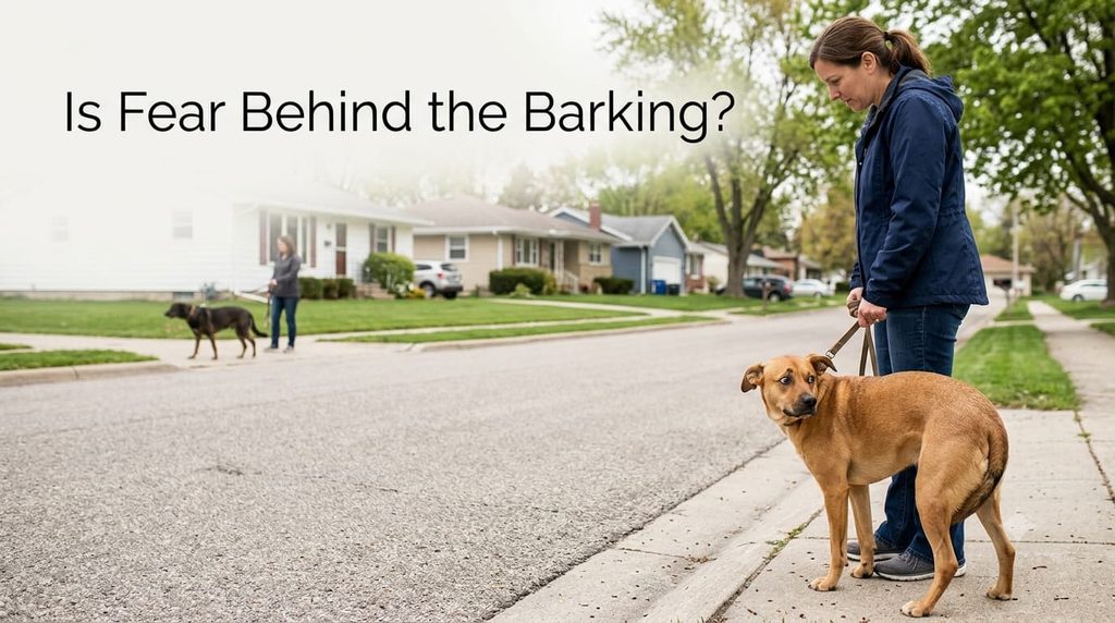 Fearful dog barking at another dog