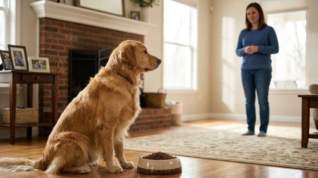 Dog growling while guarding its food