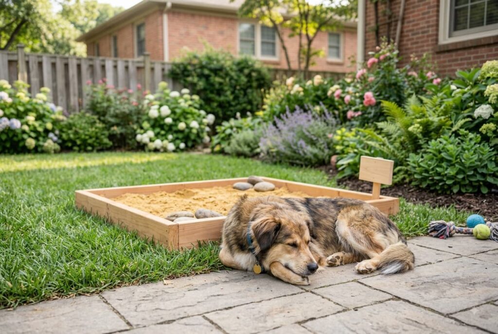Dog relaxing after using a designated digging area