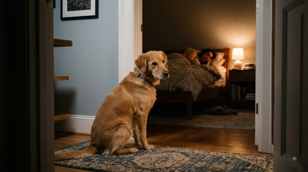 Dog crying at night near bedroom