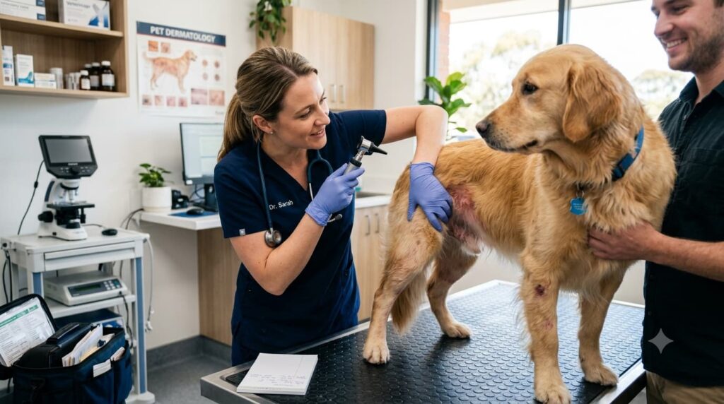 Veterinarian examining a dog with persistent itchy skin