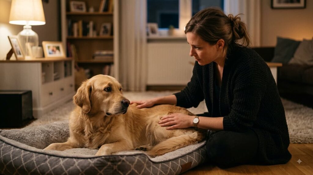 Owner checking dog at night