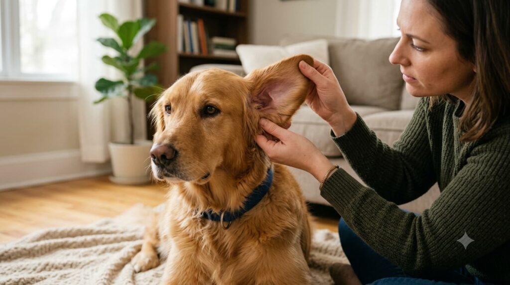 Dog with an ear problem causing head tilt