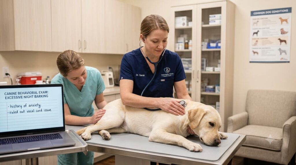 Veterinarian examining a dog with excessive nighttime barking