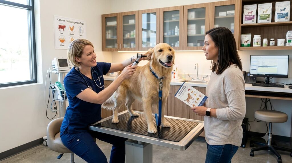 Veterinarian checking a dog for food allergies causing itchy skin