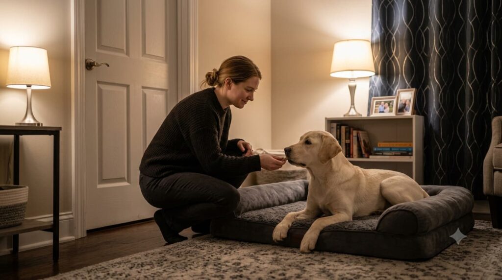 Owner rewarding a quiet dog during nighttime behavior training