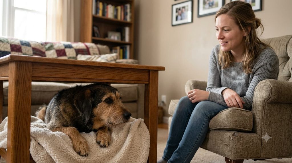 Owner calmly giving a hiding dog space