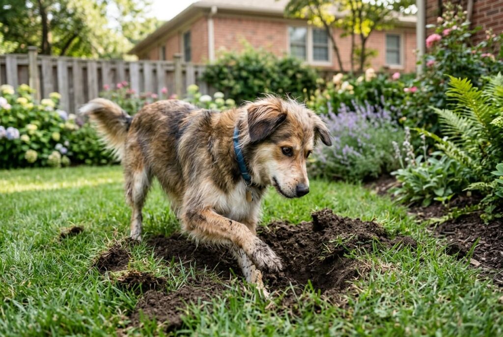 Dog digging holes in backyard