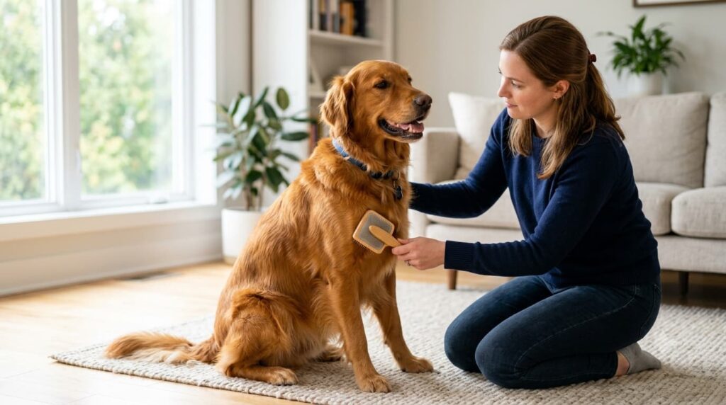 Dog being brushed to help reduce dry skin and itching
