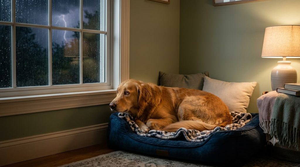 Dog scared by loud noises during a thunderstorm