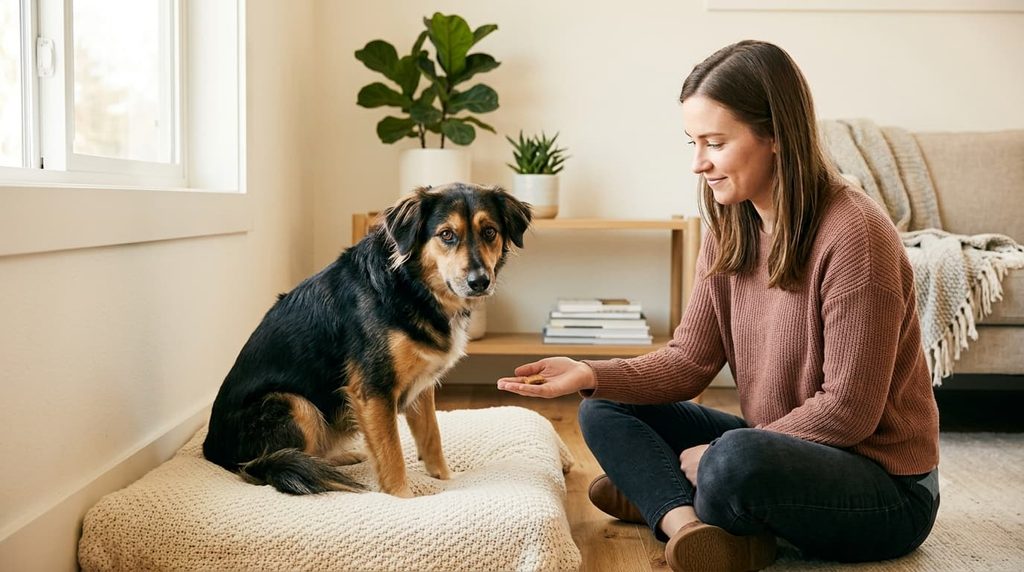 Owner helping a fearful dog feel safe