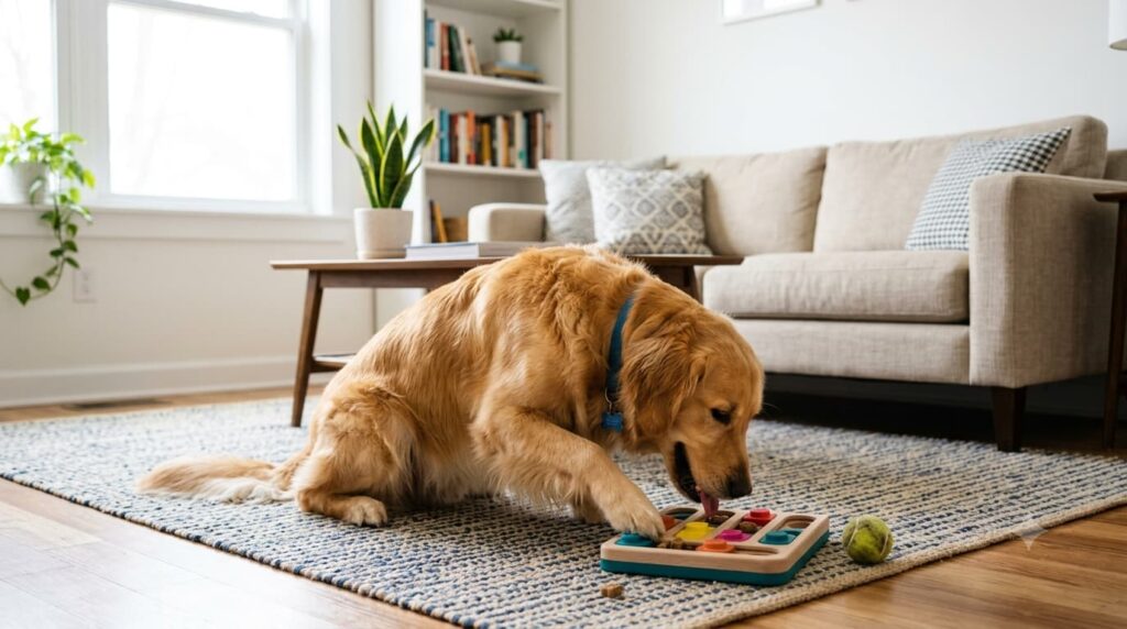 Dog playing with a puzzle toy to reduce boredom and barking