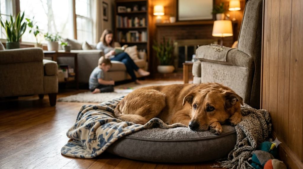 Dog hiding because of stress or anxiety