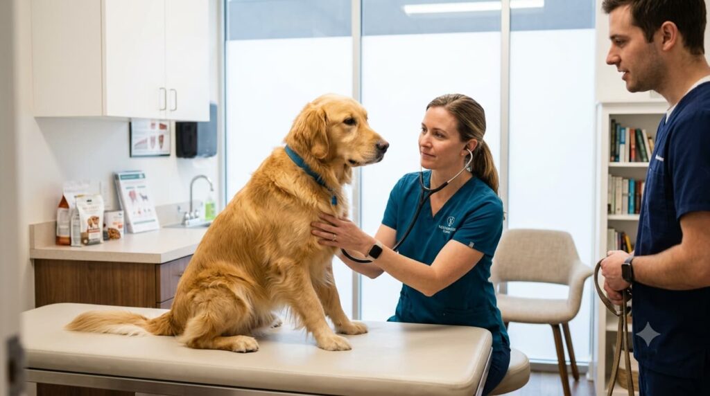 Veterinarian examining a dog with sudden unexplained barking
