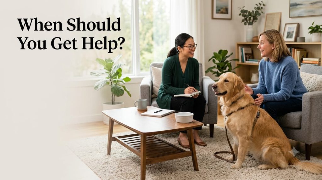 Dog receiving professional behavior support for barking at strangers
