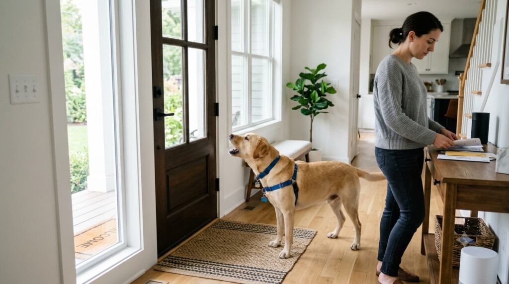 Dog barking at the door while the owner uses calm training techniques