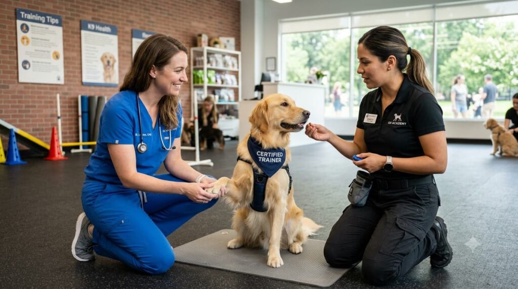 Veterinarian and dog trainer helping a dog with excessive barking