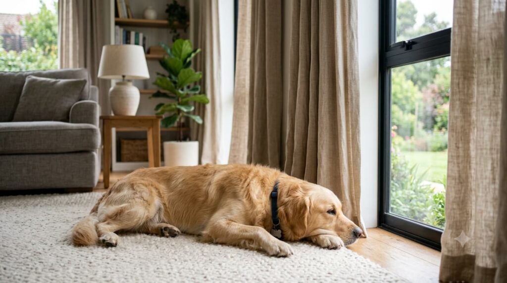 Dog relaxing calmly after reducing barking triggers near a window