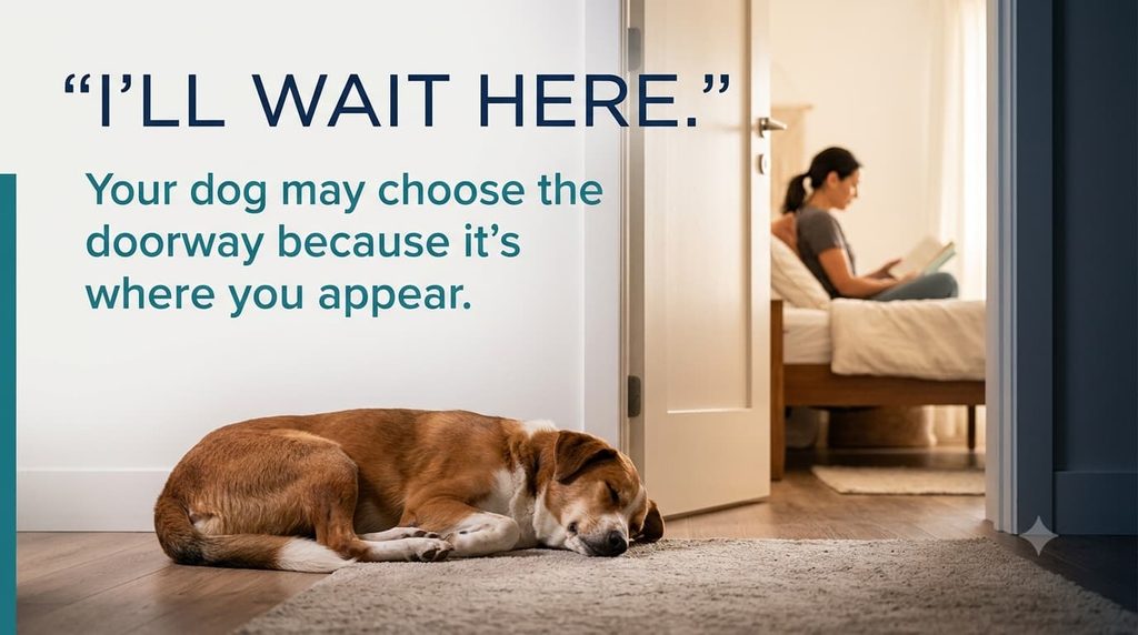 Dog sleeping by bedroom door while waiting for owner