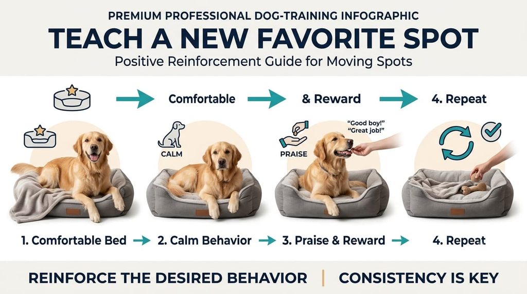 Teaching a dog to relax on its own bed instead of sitting on feet