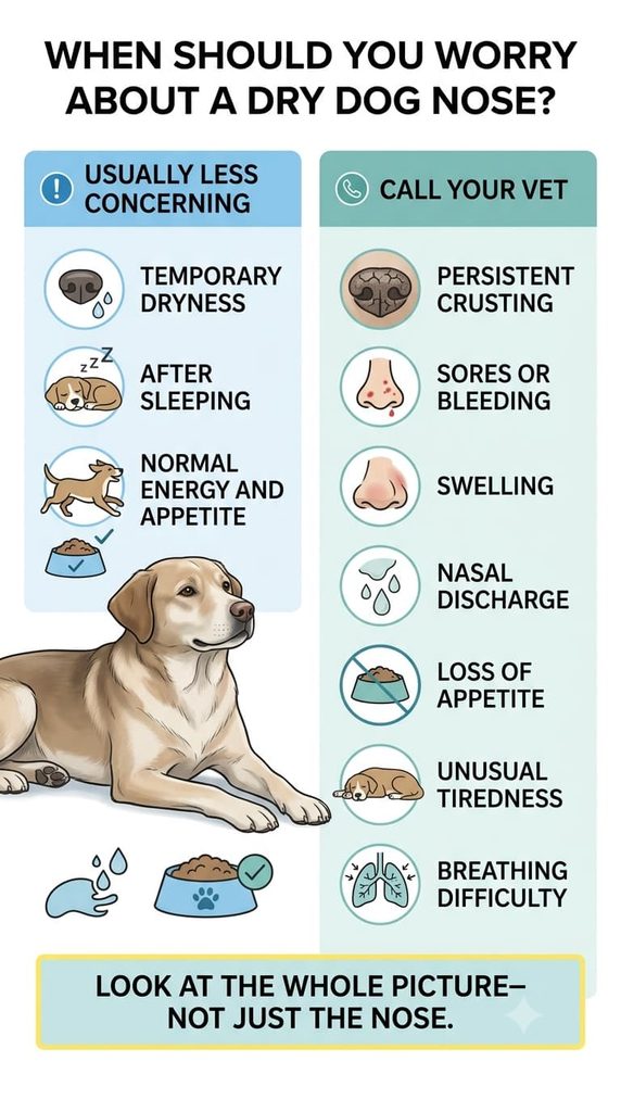 Warning signs associated with a persistently dry dog nose